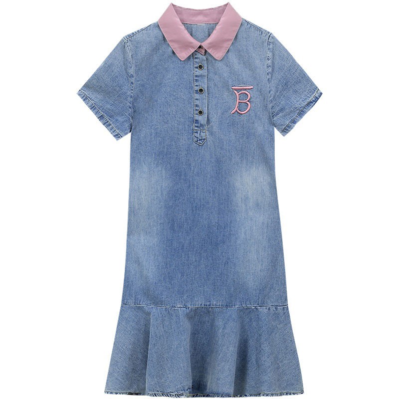 ĐẦM JEAN ĐUÔI CÁ PHỐI CỔ SƠ MI HỒNG - NJ2888